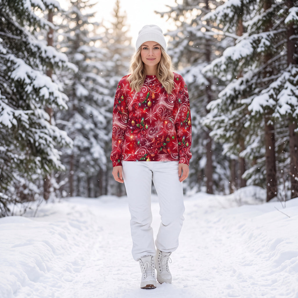 Red Christmas Sweatshirt – Snowflakes, Ornaments & Holly Holiday Sweater