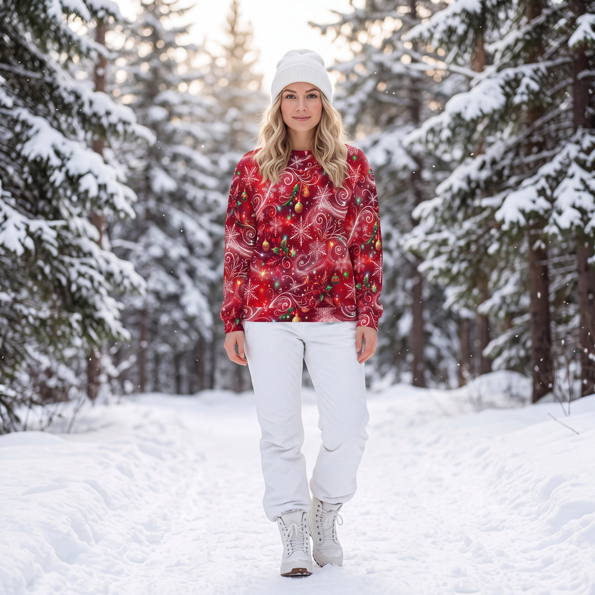 Red Christmas Sweatshirt – Snowflakes, Ornaments & Holly Holiday Sweater