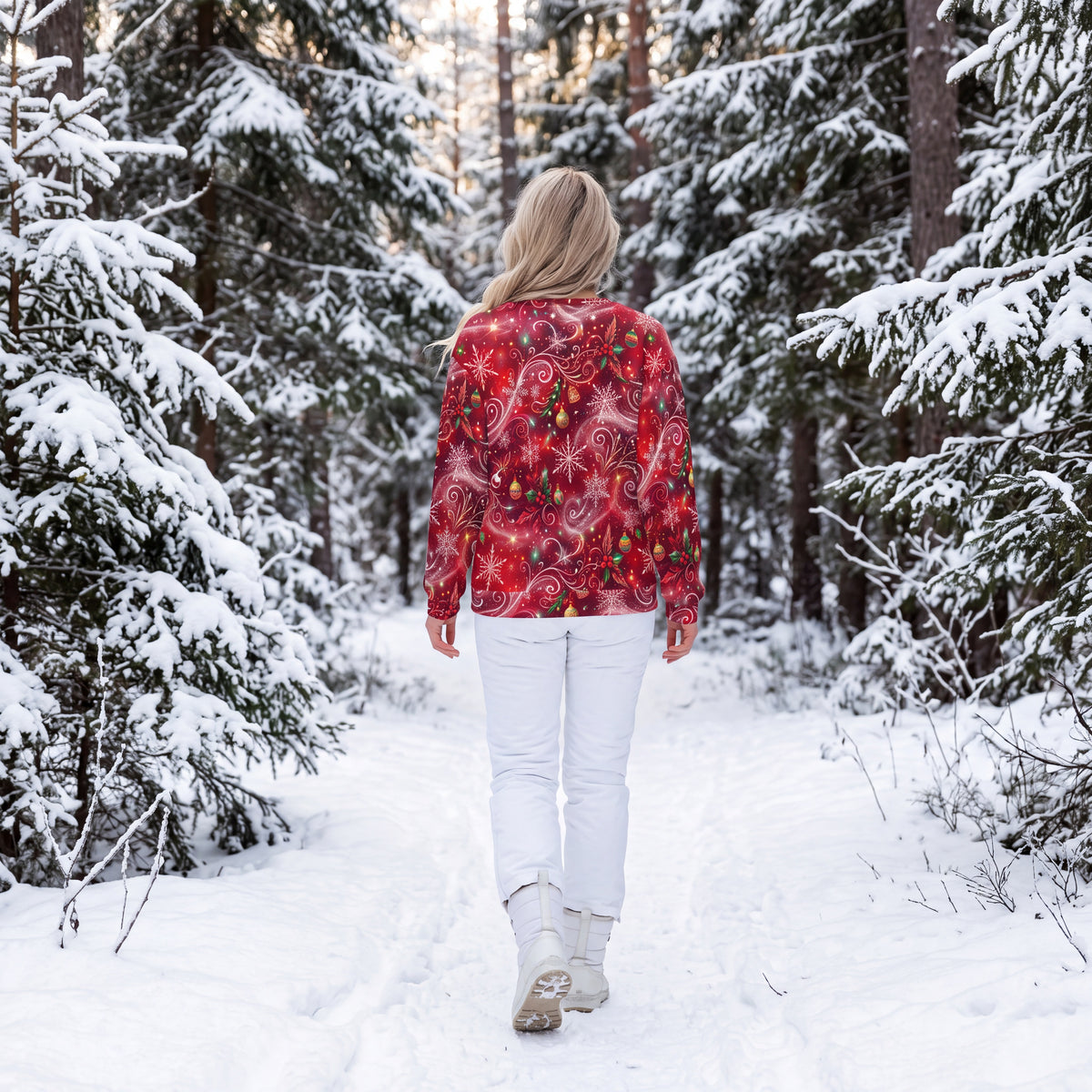 Red Christmas Sweatshirt – Snowflakes, Ornaments & Holly Holiday Sweater