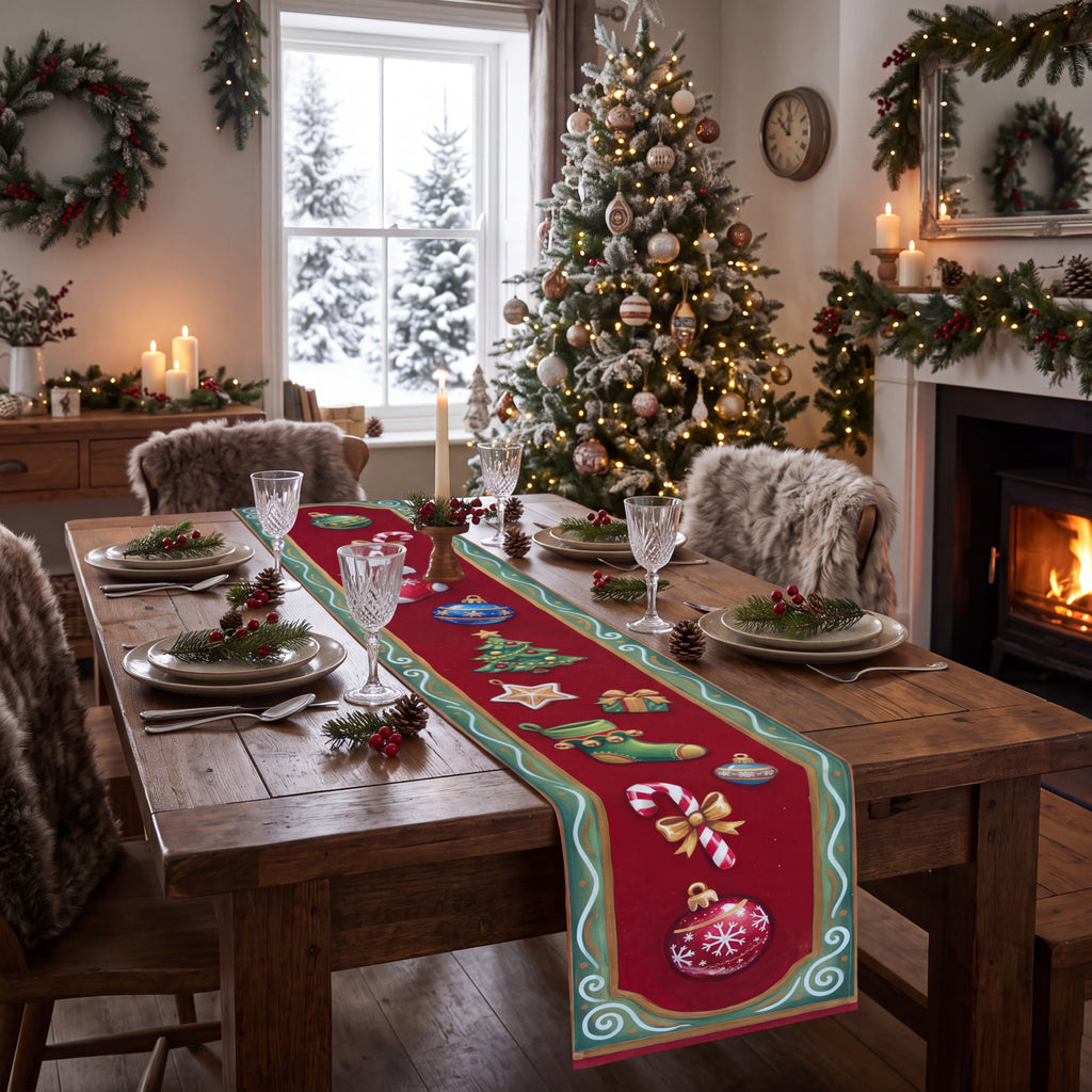 Christmas Ornament Table Runner – Red & Green Holiday Dining Decor with Stockings and Candy Canes