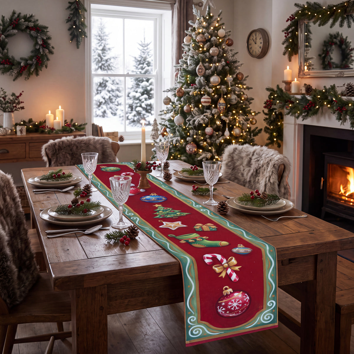 Christmas Ornament Table Runner – Red & Green Holiday Dining Decor with Stockings and Candy Canes