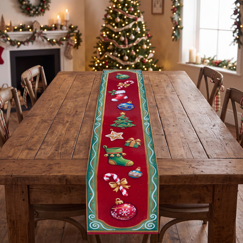 Christmas Ornament Table Runner – Red & Green Holiday Dining Decor with Stockings and Candy Canes
