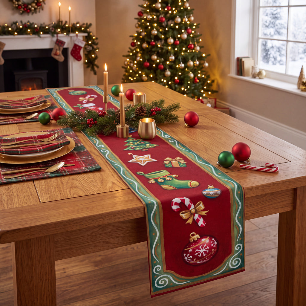 Christmas Ornament Table Runner – Red & Green Holiday Dining Decor with Stockings and Candy Canes