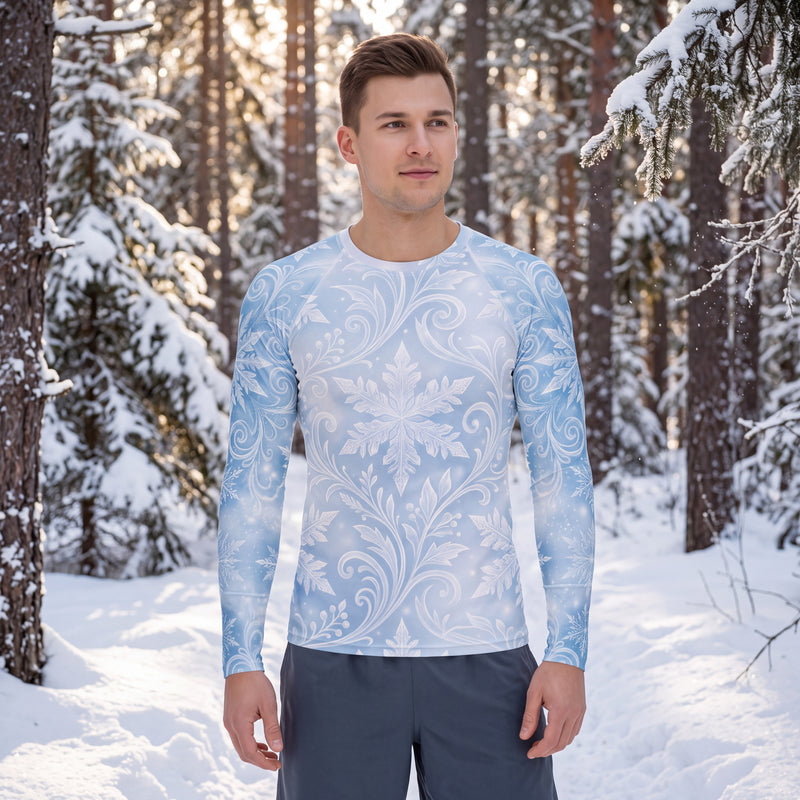 Snowflake Rash Guard for Men – Icy Blue Winter Long Sleeve Swim Shirt