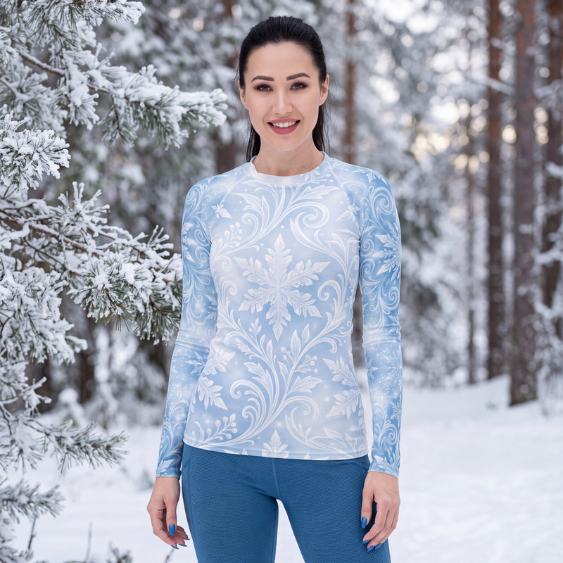 Snowflake Rash Guard for Women – Icy Blue Winter Long Sleeve Swim Shirt