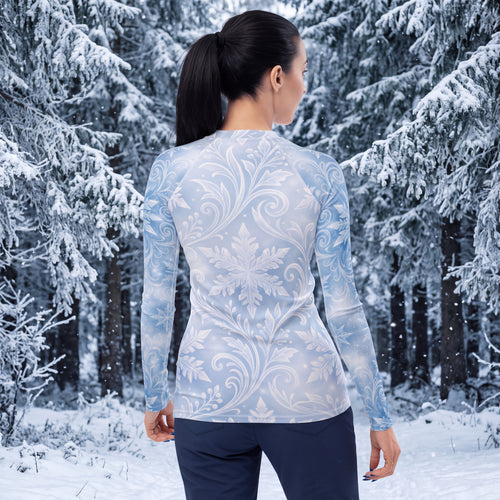 Snowflake Rash Guard for Women – Icy Blue Winter Long Sleeve Swim Shirt