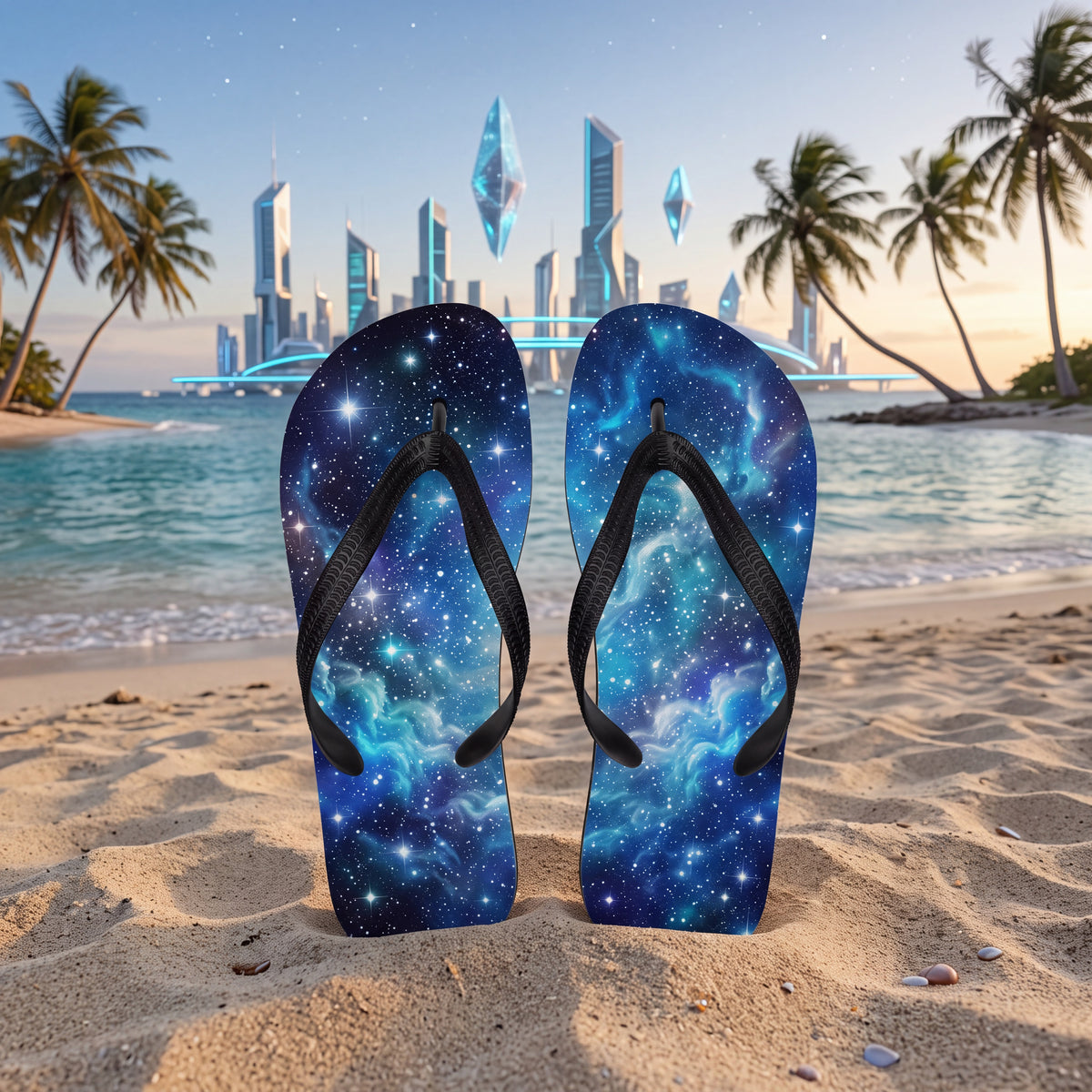 Galaxy Space Flip Flops – Blue Nebula Starfield Sandals