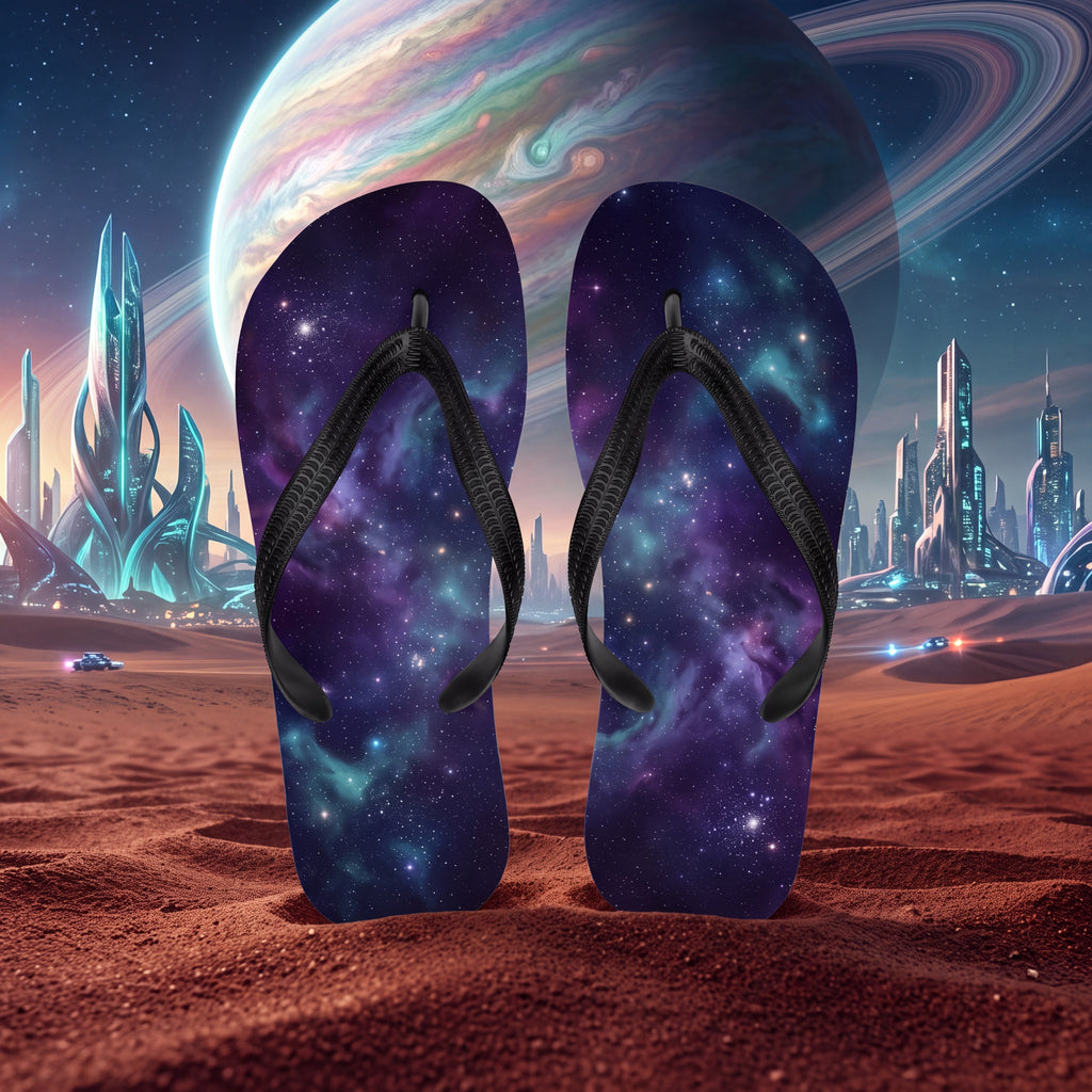 Cosmic Galaxy Flip Flops – Purple and Teal Space Sandals