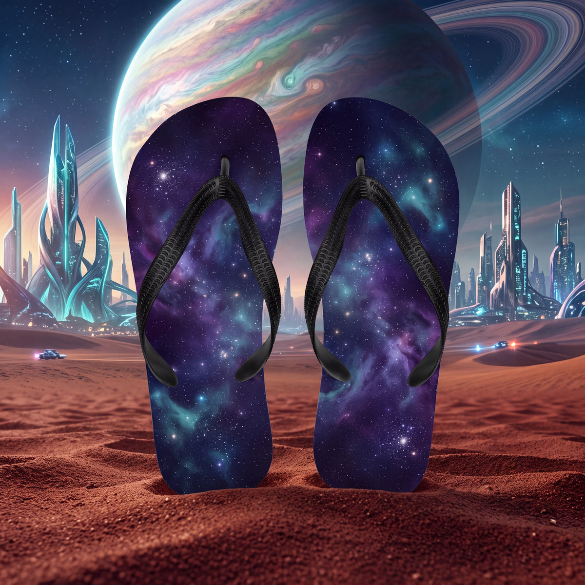 Cosmic Galaxy Flip Flops – Purple and Teal Space Sandals