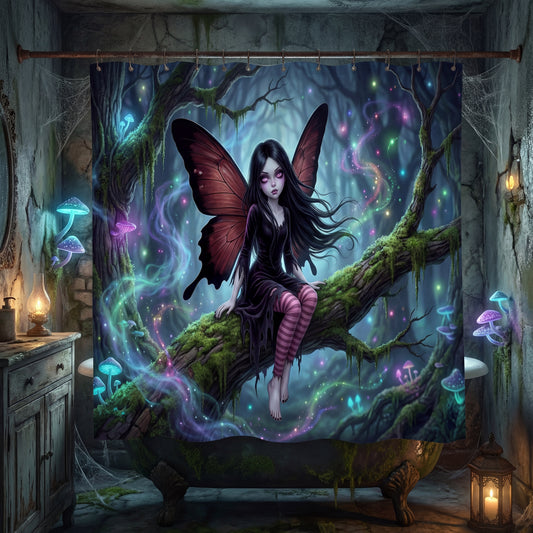 Gothic Fairy Shower Curtain | Enchanted Forest Bathroom Decor | Dark Fae Fantasy Art