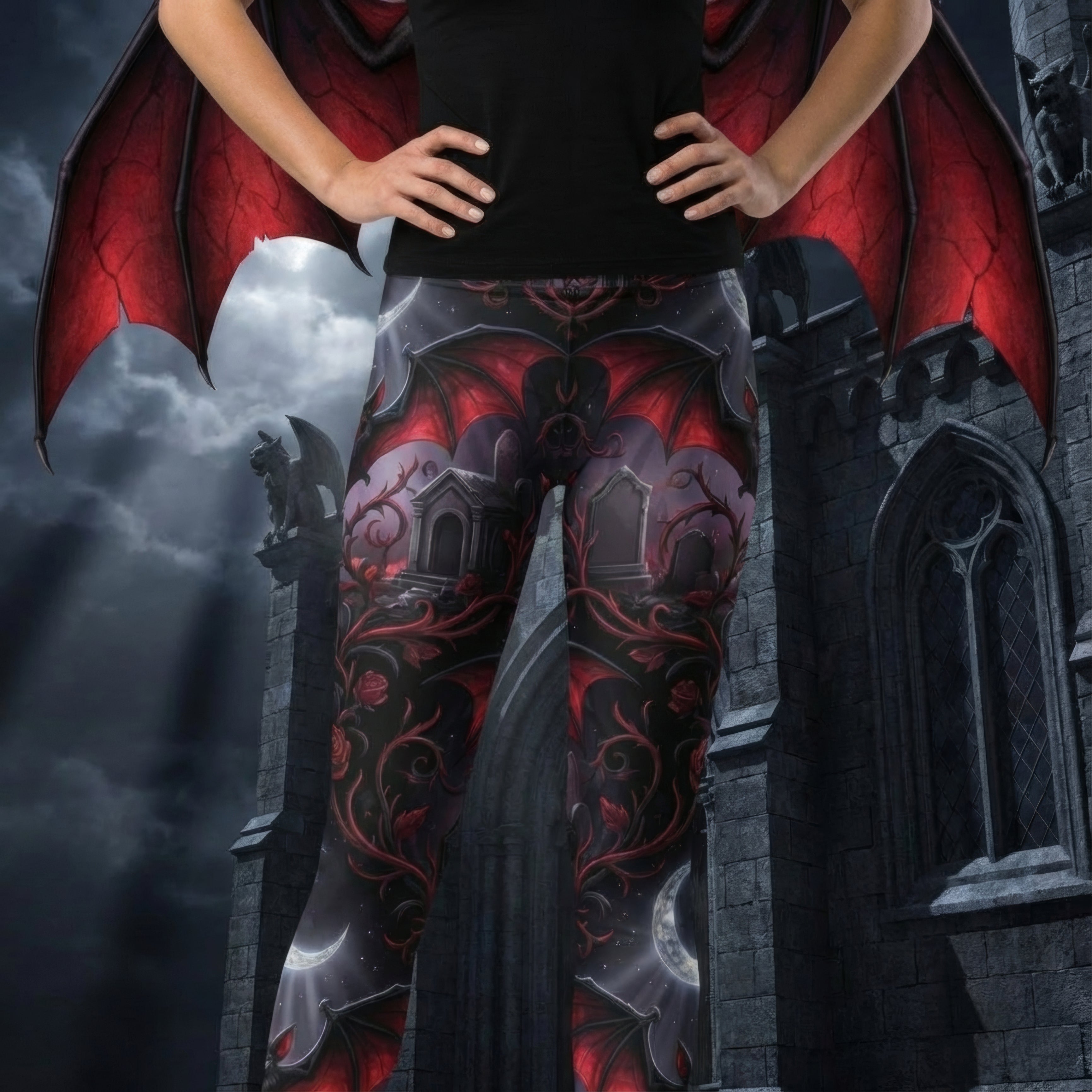 Vampirfledermaus Yoga Leggings | Gothic Friedhof Damast Muster | High-Waisted Yogahose