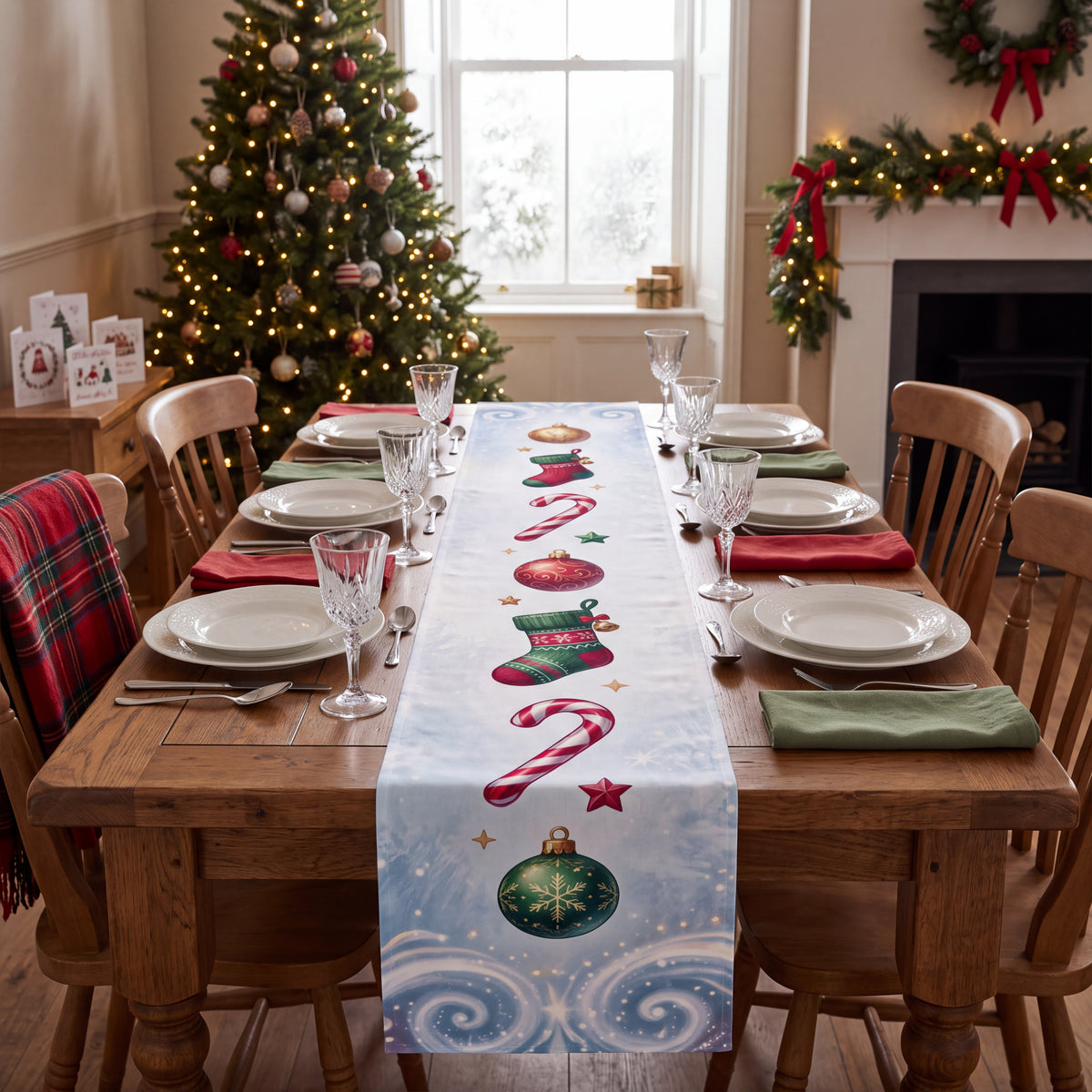 Icy Blue Christmas Table Runner – Candy Canes, Stockings & Ornaments Holiday Table Decor