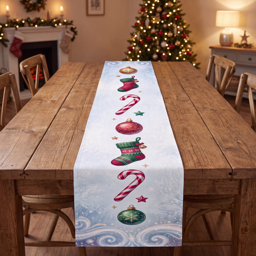 Icy Blue Christmas Table Runner – Candy Canes, Stockings & Ornaments Holiday Table Decor