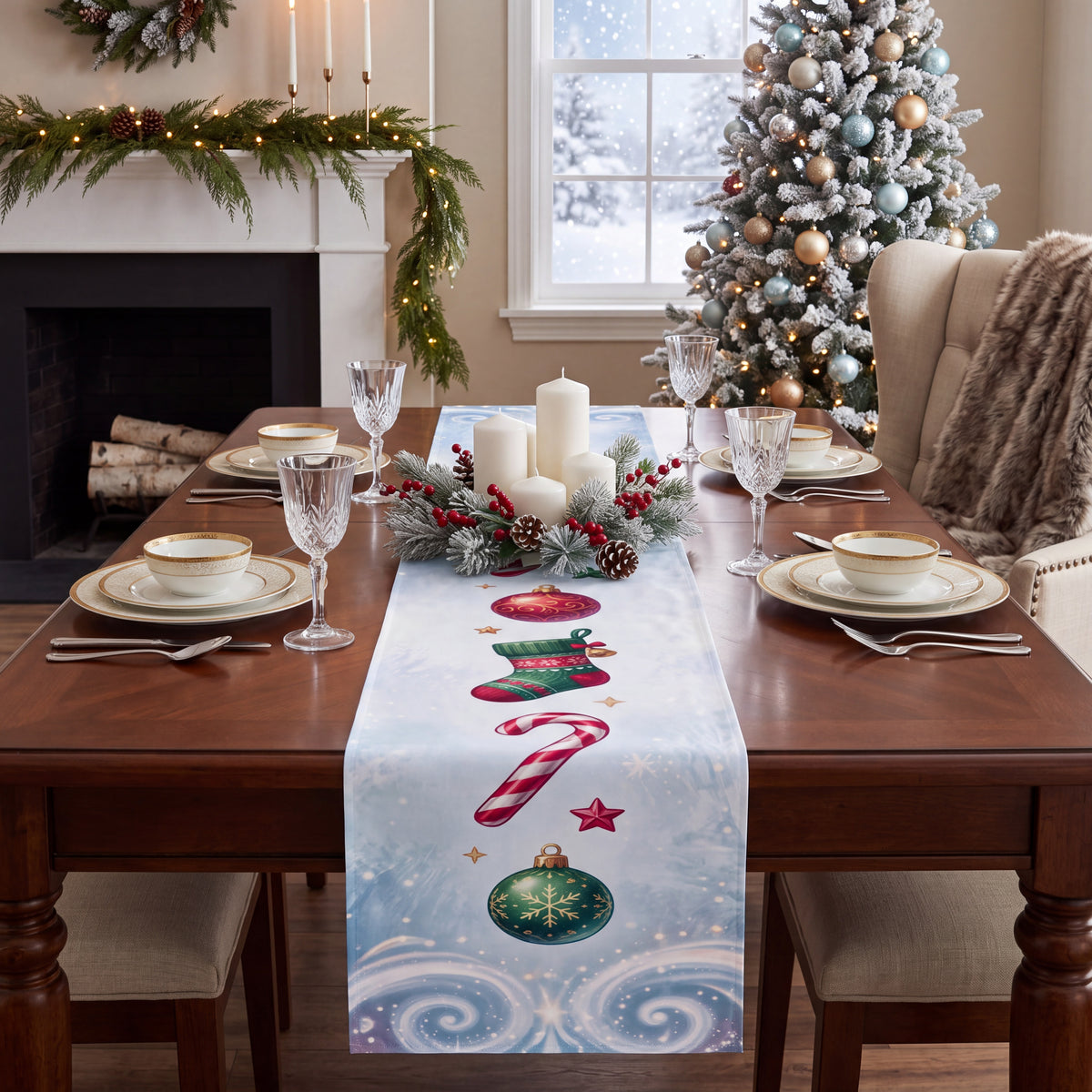 Icy Blue Christmas Table Runner – Candy Canes, Stockings & Ornaments Holiday Table Decor