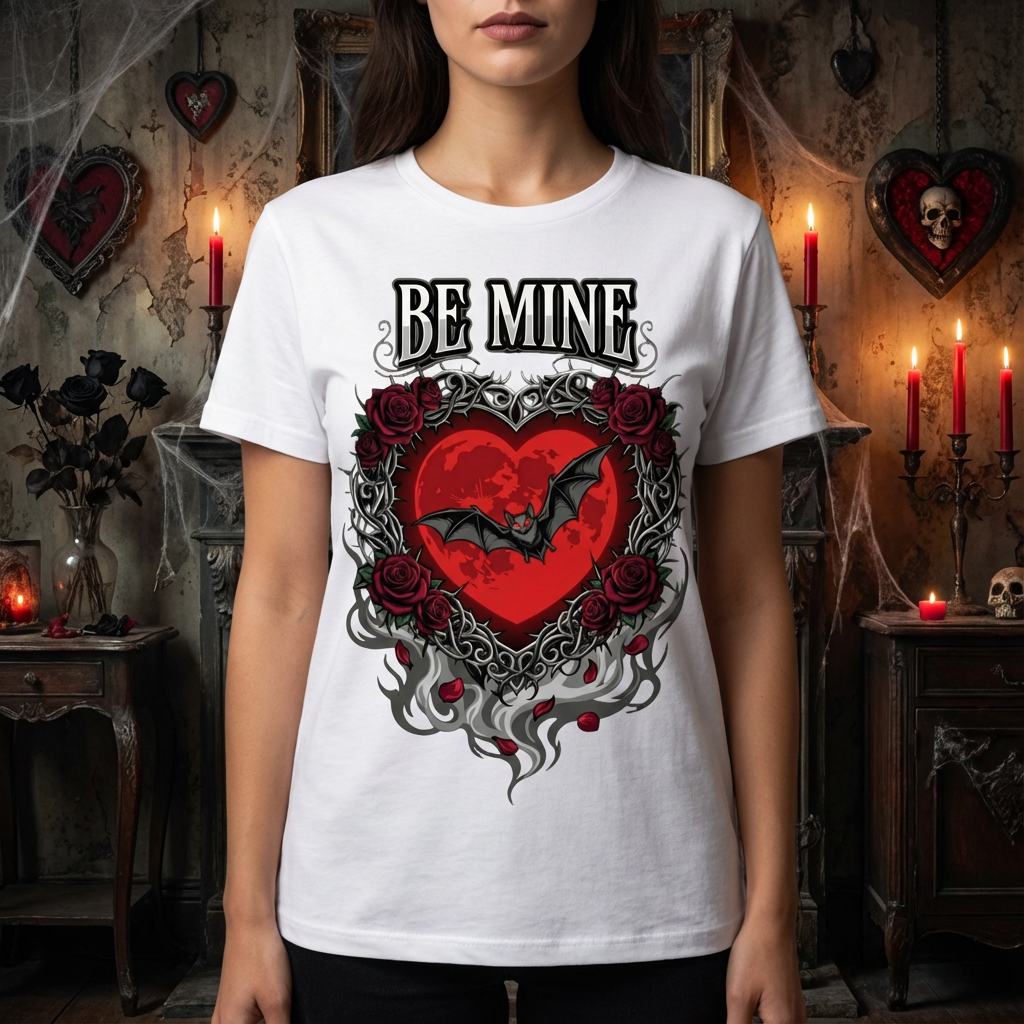 Gothic Valentine Vampir Weißes Shirt | „Sei mein“ Fledermaus- & Rosenherz-T-Shirt | Dark Romance Goth