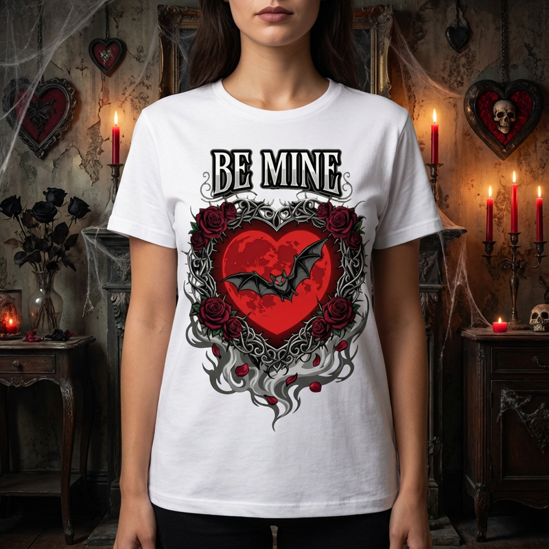 Gothic Valentine Vampire White Shirt | “Be Mine” Bat & Rose Heart Tee | Dark Romance Goth