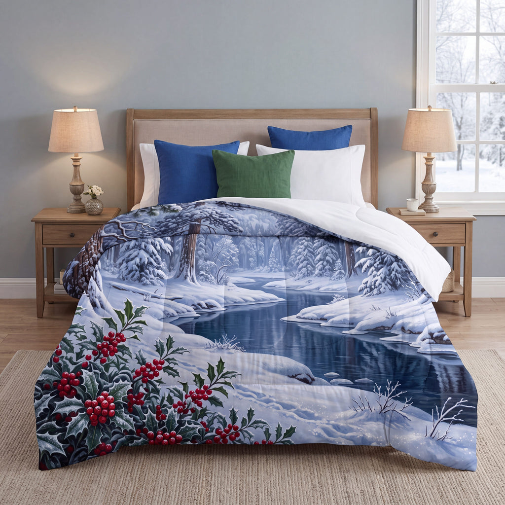 SUBLIMATION Winter Forest Comforter | Woodland River & Holly Bedding