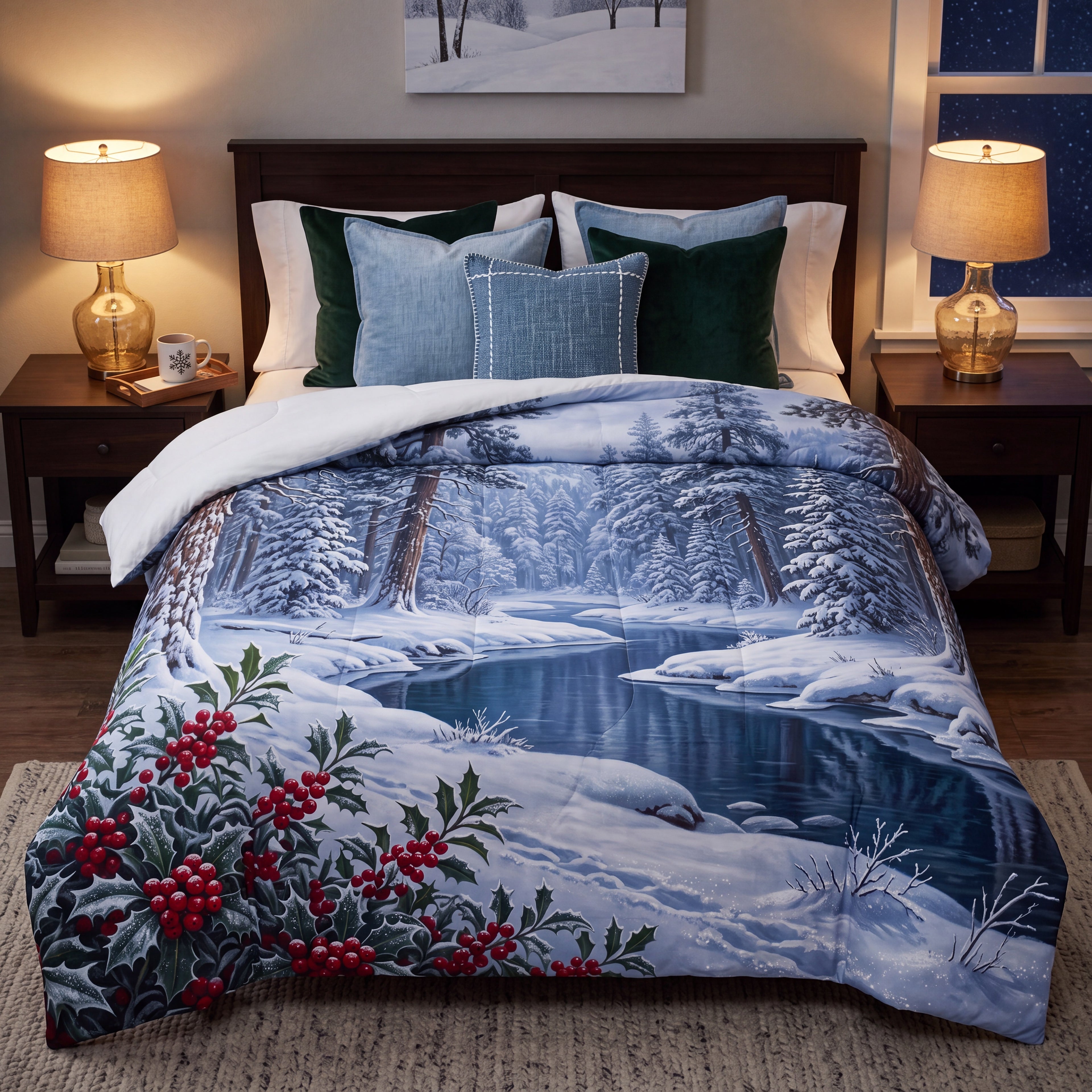Winter Forest Comforter | Woodland River & Holly Bedding