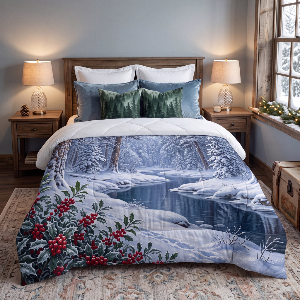 SUBLIMATION Winter Forest Comforter | Woodland River & Holly Bedding