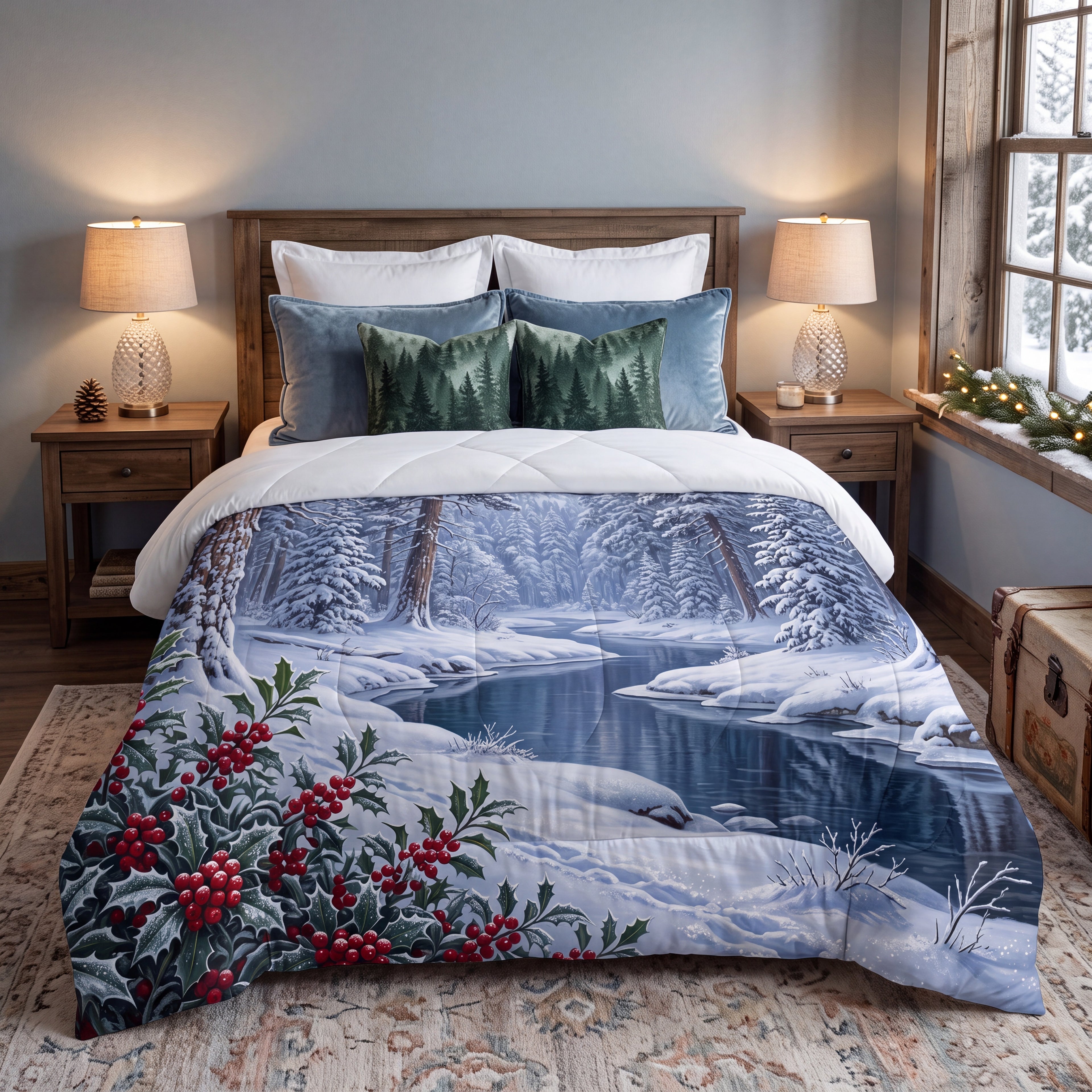 Winter Forest Comforter | Woodland River & Holly Bedding