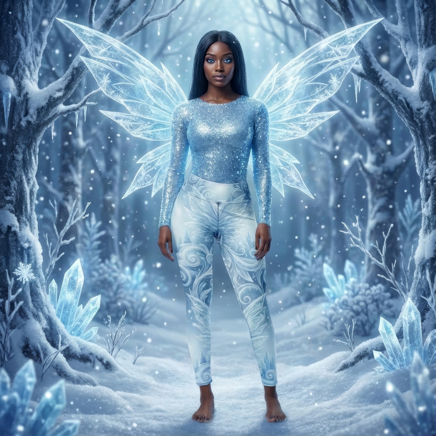 Winter Fairy Wings Yoga Leggings | Frost Filigree Damask Print | High-Waisted Activewear