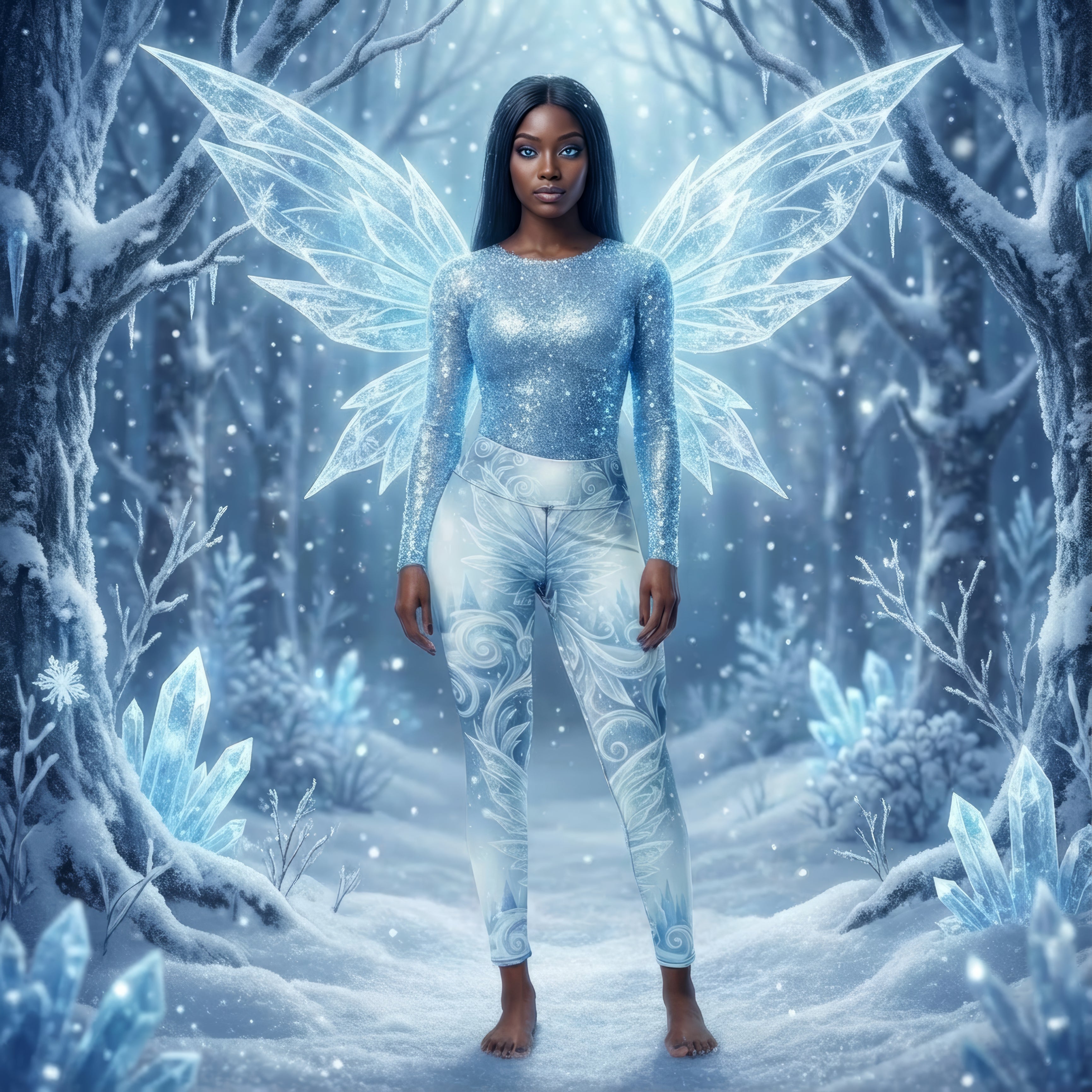 Winter Fairy Wings Yoga Leggings | Frost Filigree Damask Print | High-Waisted Activewear
