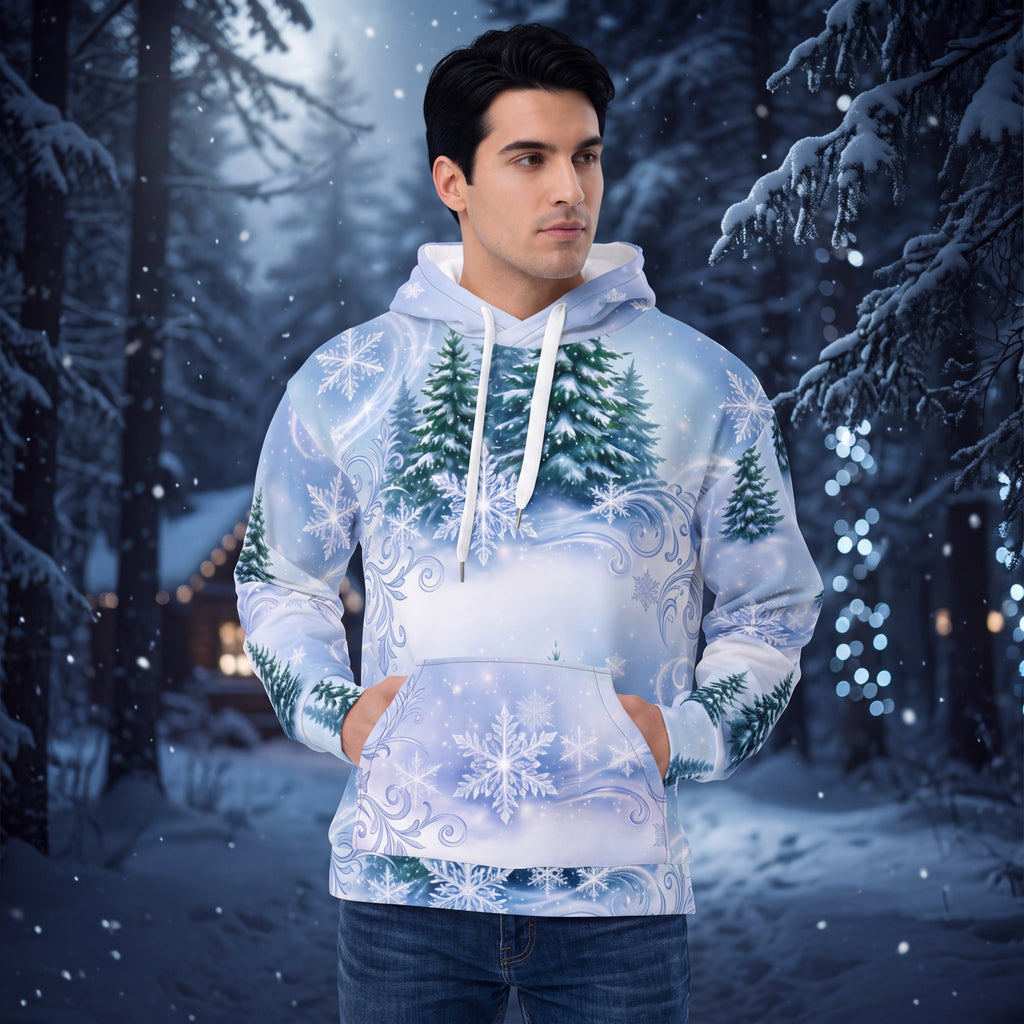 Winter Forest Snowflake Hoodie | Light Blue Snowy Pine All-Over Print Pullover
