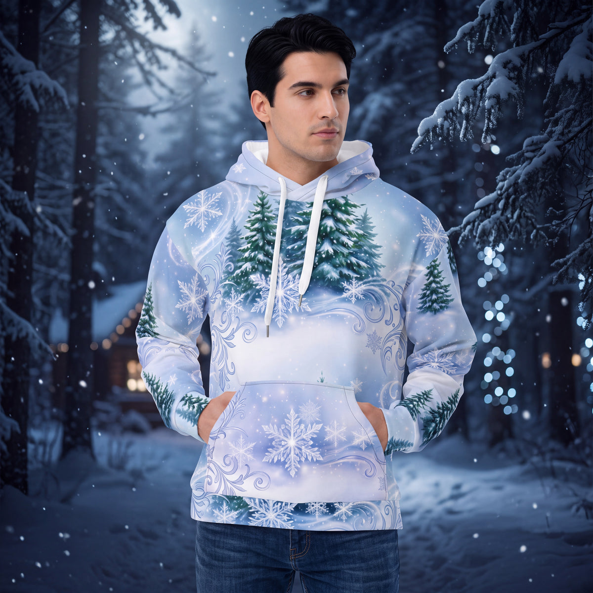 Winter Forest Snowflake Hoodie | Light Blue Snowy Pine All-Over Print Pullover