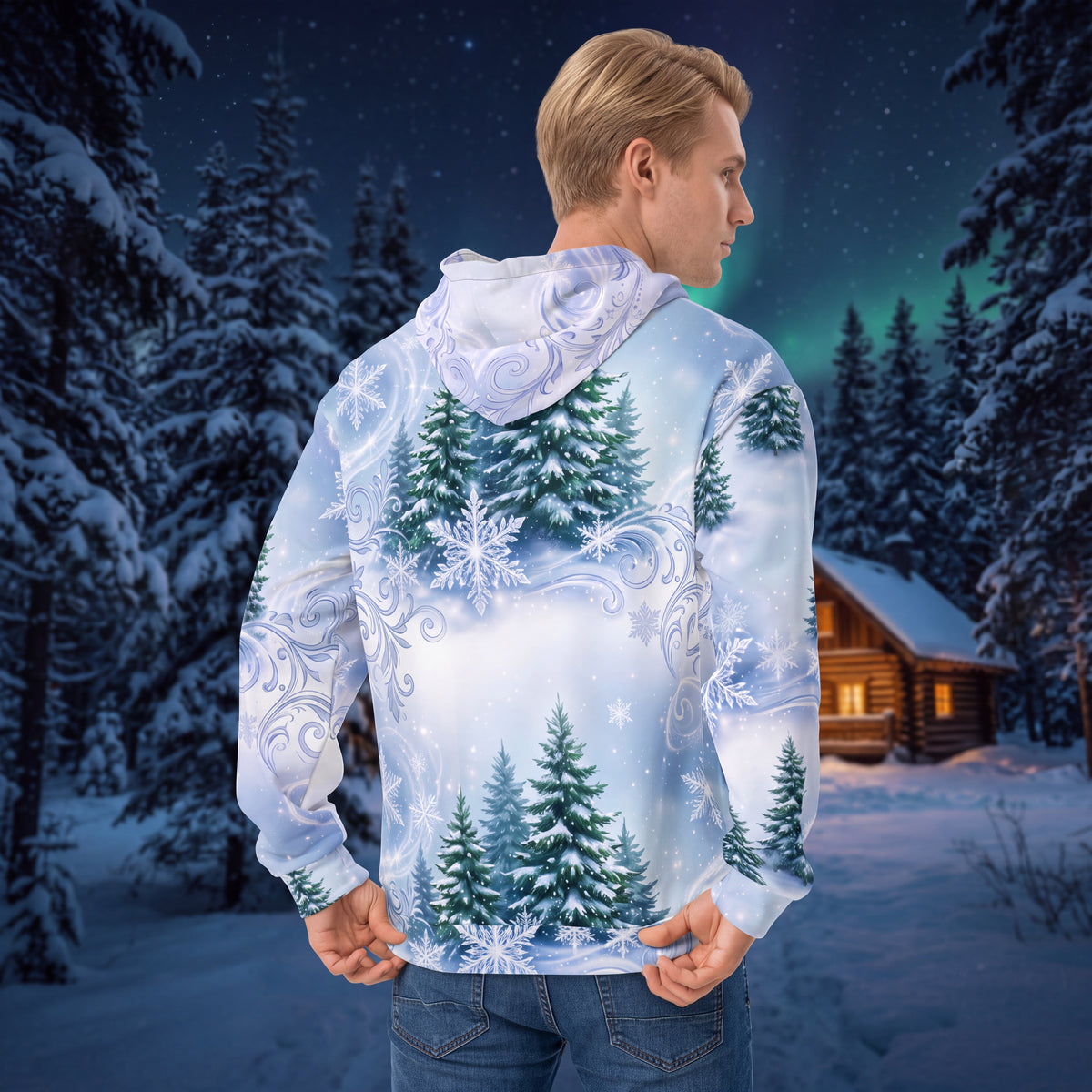 Winter Forest Snowflake Hoodie | Light Blue Snowy Pine All-Over Print Pullover
