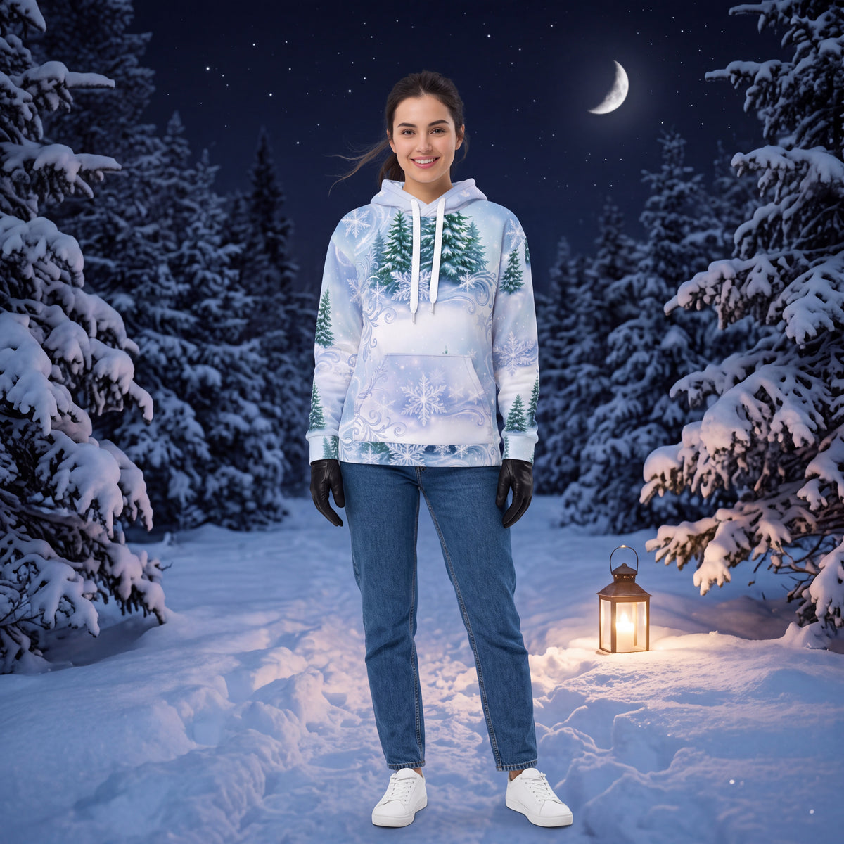 Winter Forest Snowflake Hoodie | Light Blue Snowy Pine All-Over Print Pullover
