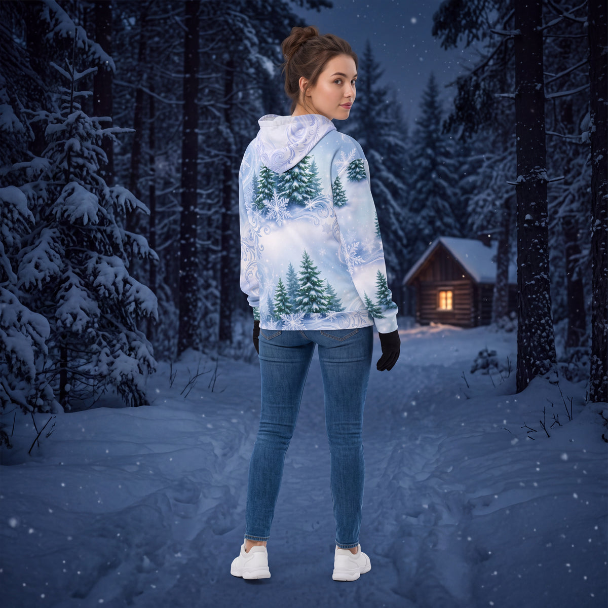 Winter Forest Snowflake Hoodie | Light Blue Snowy Pine All-Over Print Pullover