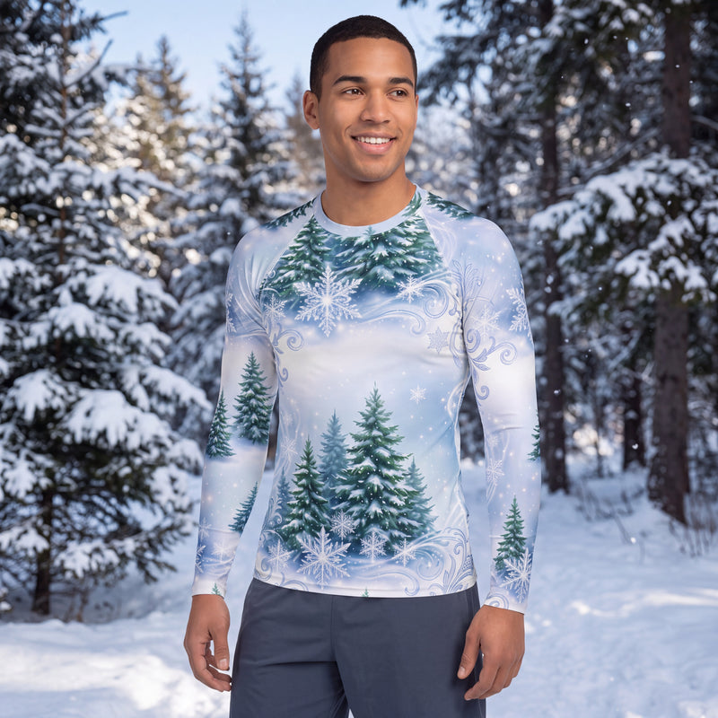Men’s Winter Forest Rash Guard – Snowy Pine Tree Snowflake Long Sleeve Swim Shirt