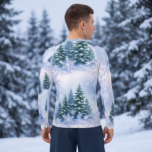Men’s Winter Forest Rash Guard – Snowy Pine Tree Snowflake Long Sleeve Swim Shirt