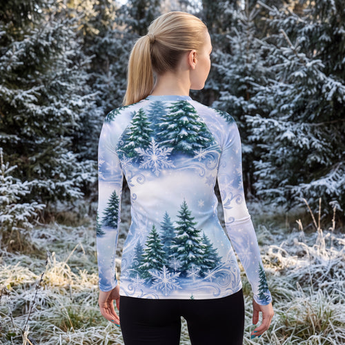 Winter Rash Guard – Pine Tree & Snowflake Wonderland | Long Sleeve Swim Shirt for Women