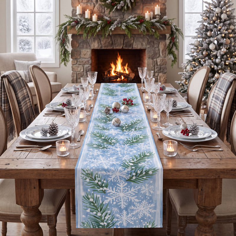 Winter Pine & Snowflake Table Runner – Icy Blue Evergreen Holiday Dining Decor