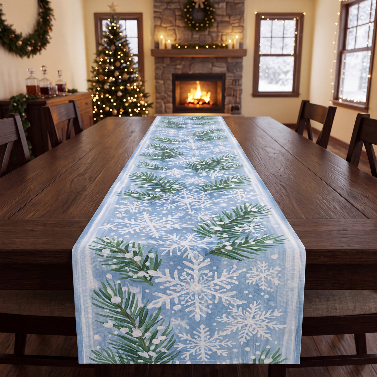 Winter Pine & Snowflake Table Runner – Icy Blue Evergreen Holiday Dining Decor