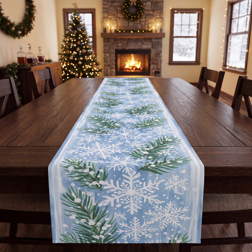 Winter Pine & Snowflake Table Runner – Icy Blue Evergreen Holiday Dining Decor