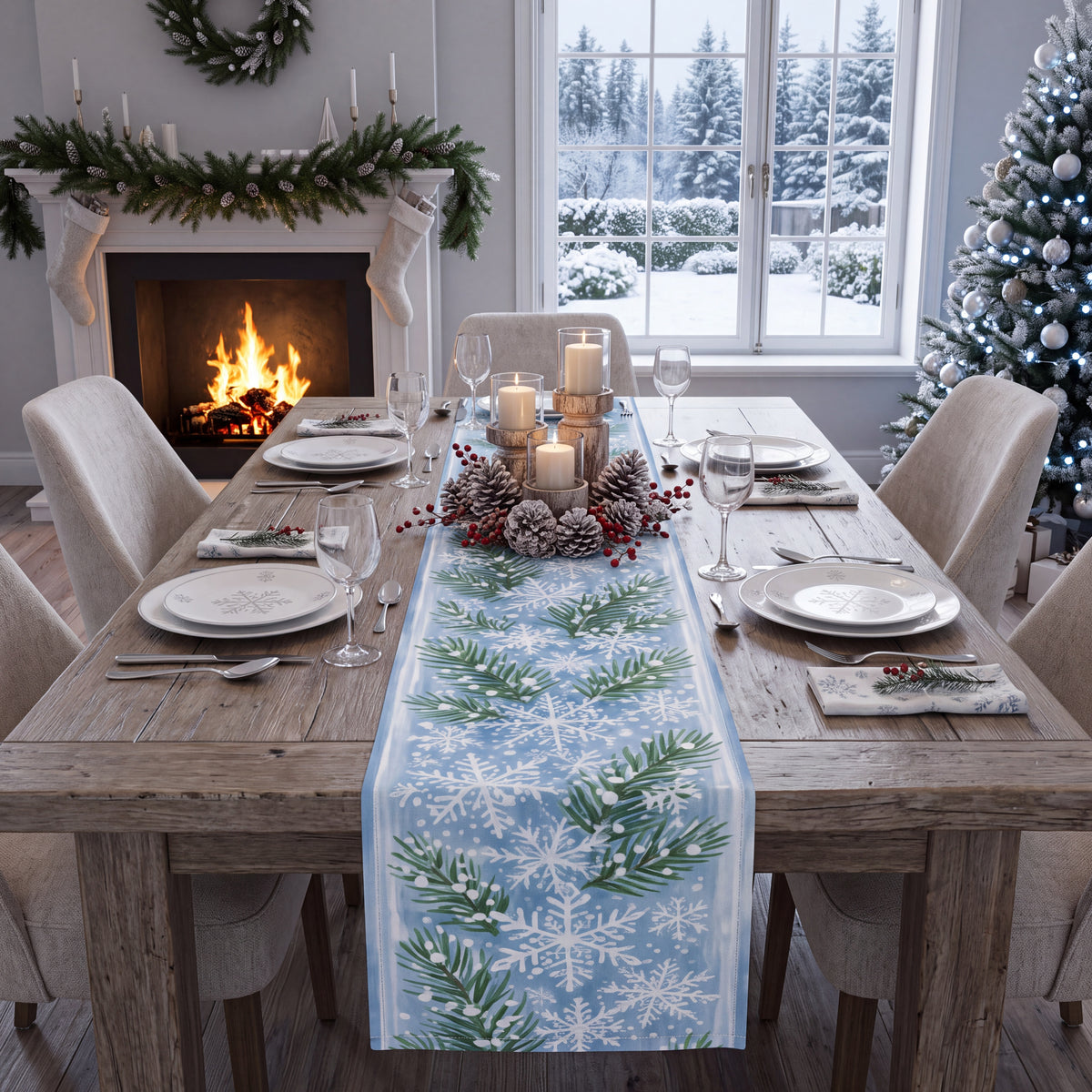Winter Pine & Snowflake Table Runner – Icy Blue Evergreen Holiday Dining Decor