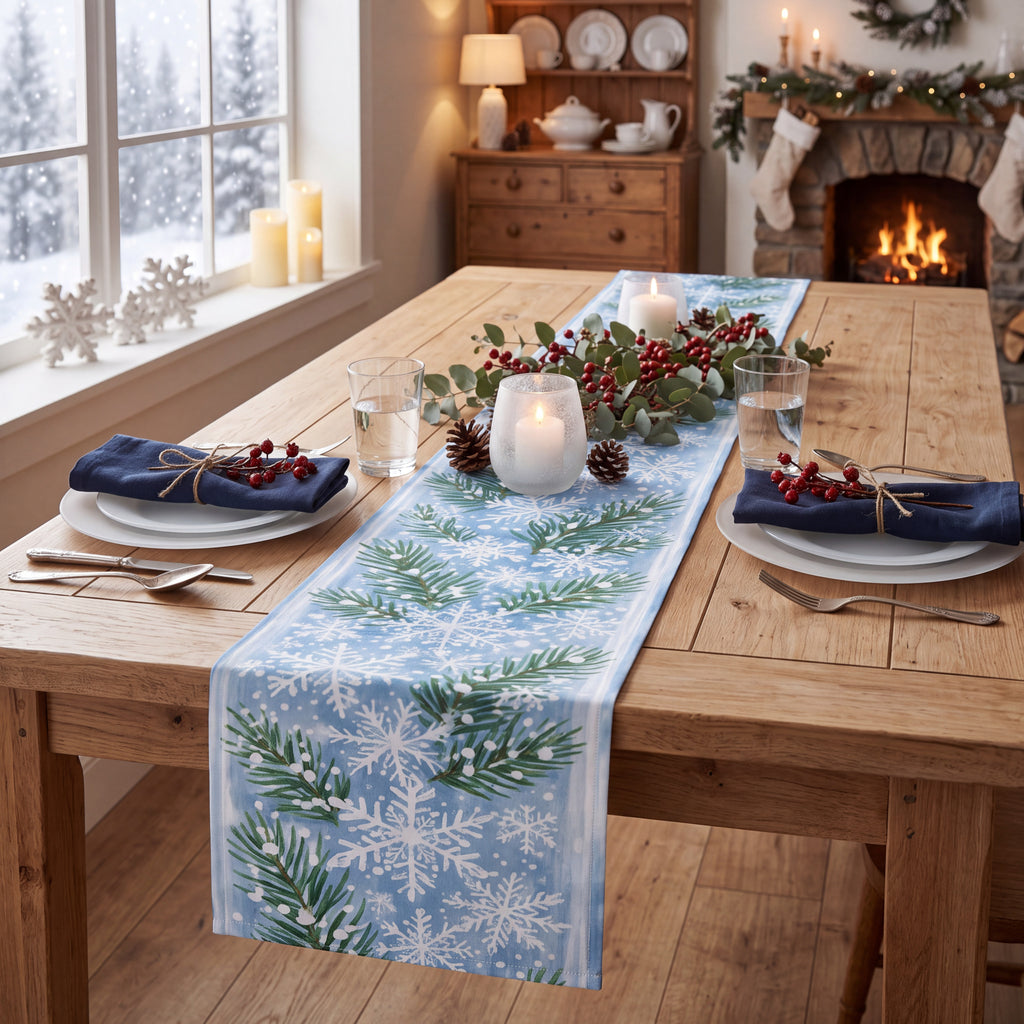 Winter Pine & Snowflake Table Runner – Icy Blue Evergreen Holiday Dining Decor