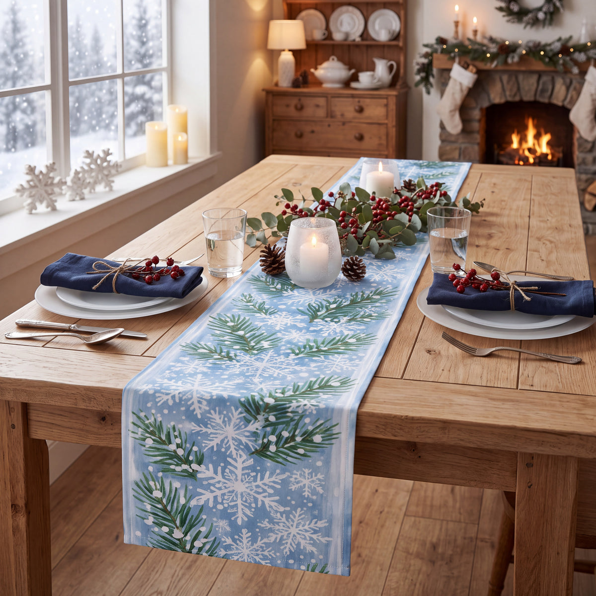 Winter Pine & Snowflake Table Runner – Icy Blue Evergreen Holiday Dining Decor