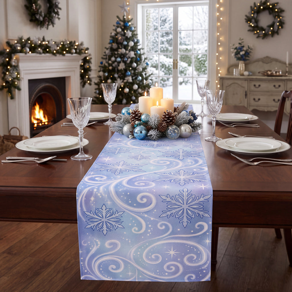 Winter Snowflake Table Runner – Icy Blue & White Snowy Holiday Dining Decor