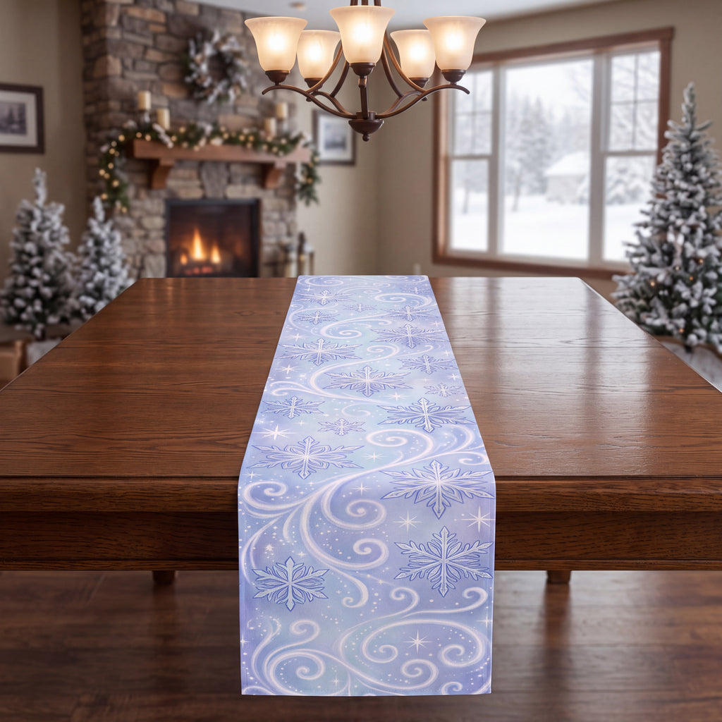 Winter Snowflake Table Runner – Icy Blue & White Snowy Holiday Dining Decor