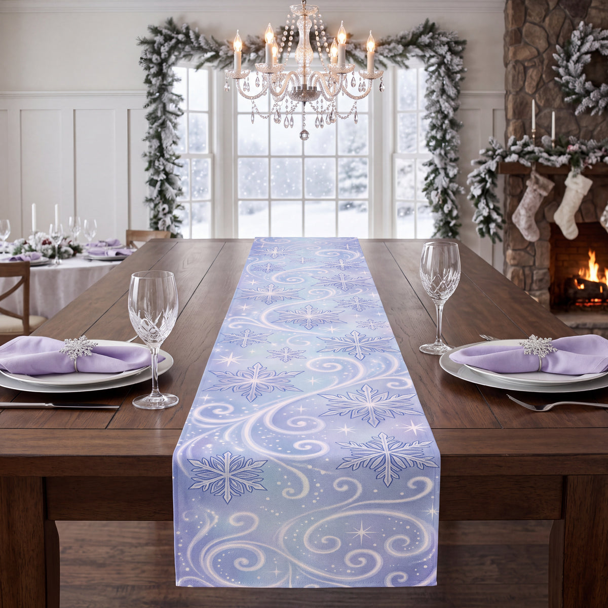 Winter Snowflake Table Runner – Icy Blue & White Snowy Holiday Dining Decor