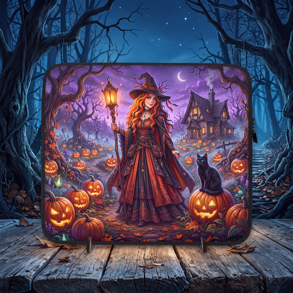 Halloween Witch Laptop Sleeve – Pumpkin Forest & Black Cat | Neoprene Case