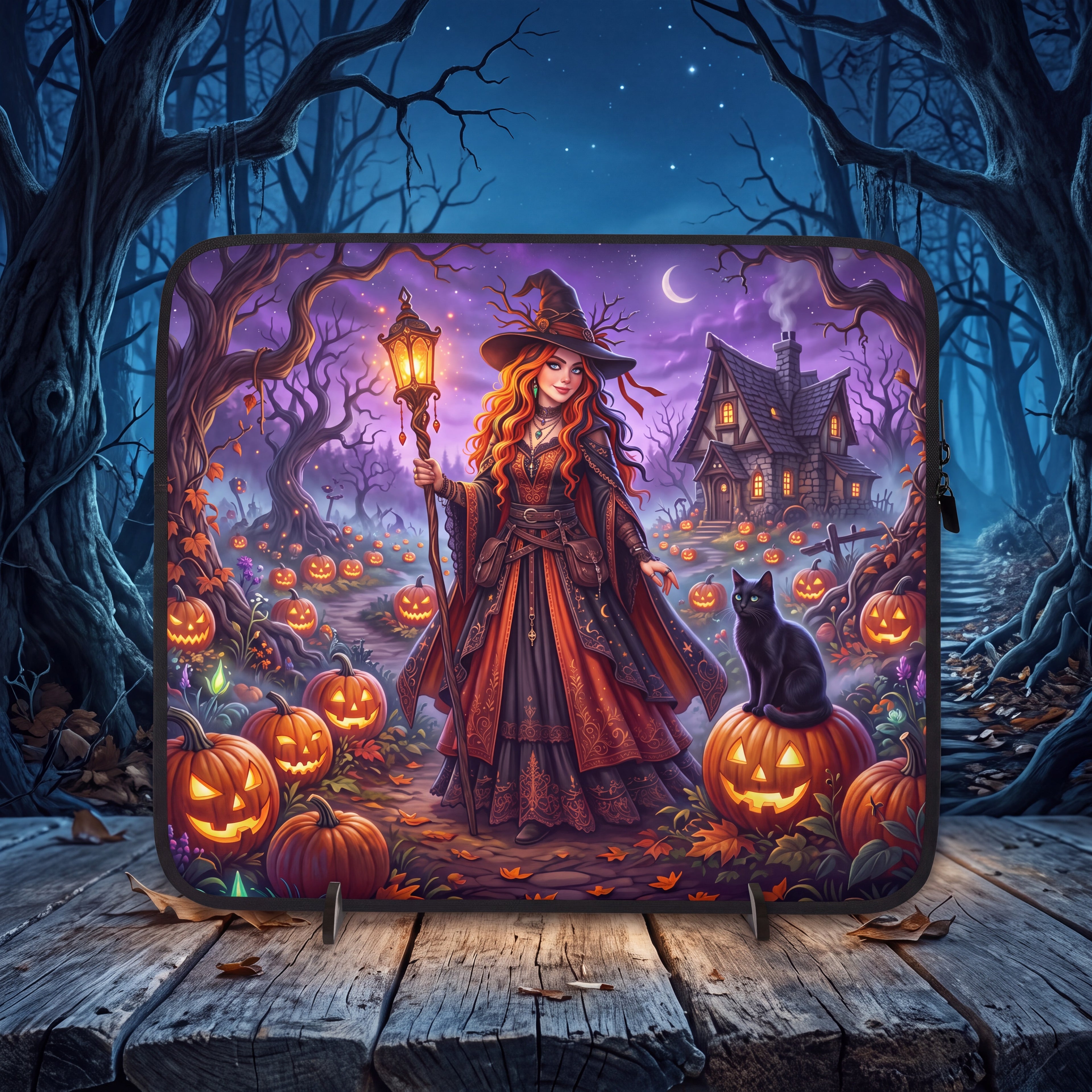 Halloween Witch Laptop Sleeve – Pumpkin Forest & Black Cat | Neoprene Case