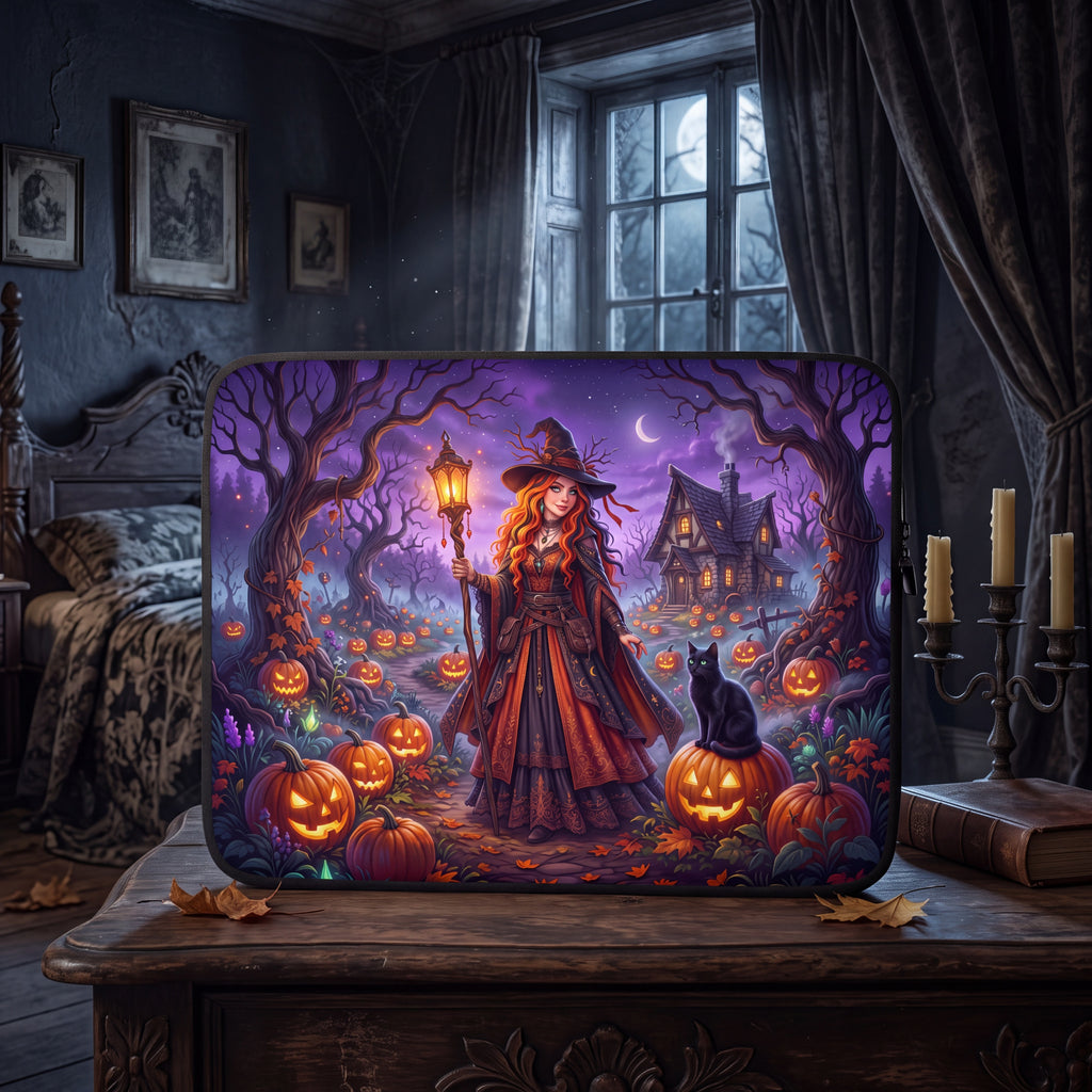 Halloween Witch Laptop Sleeve – Pumpkin Forest & Black Cat | Neoprene Case