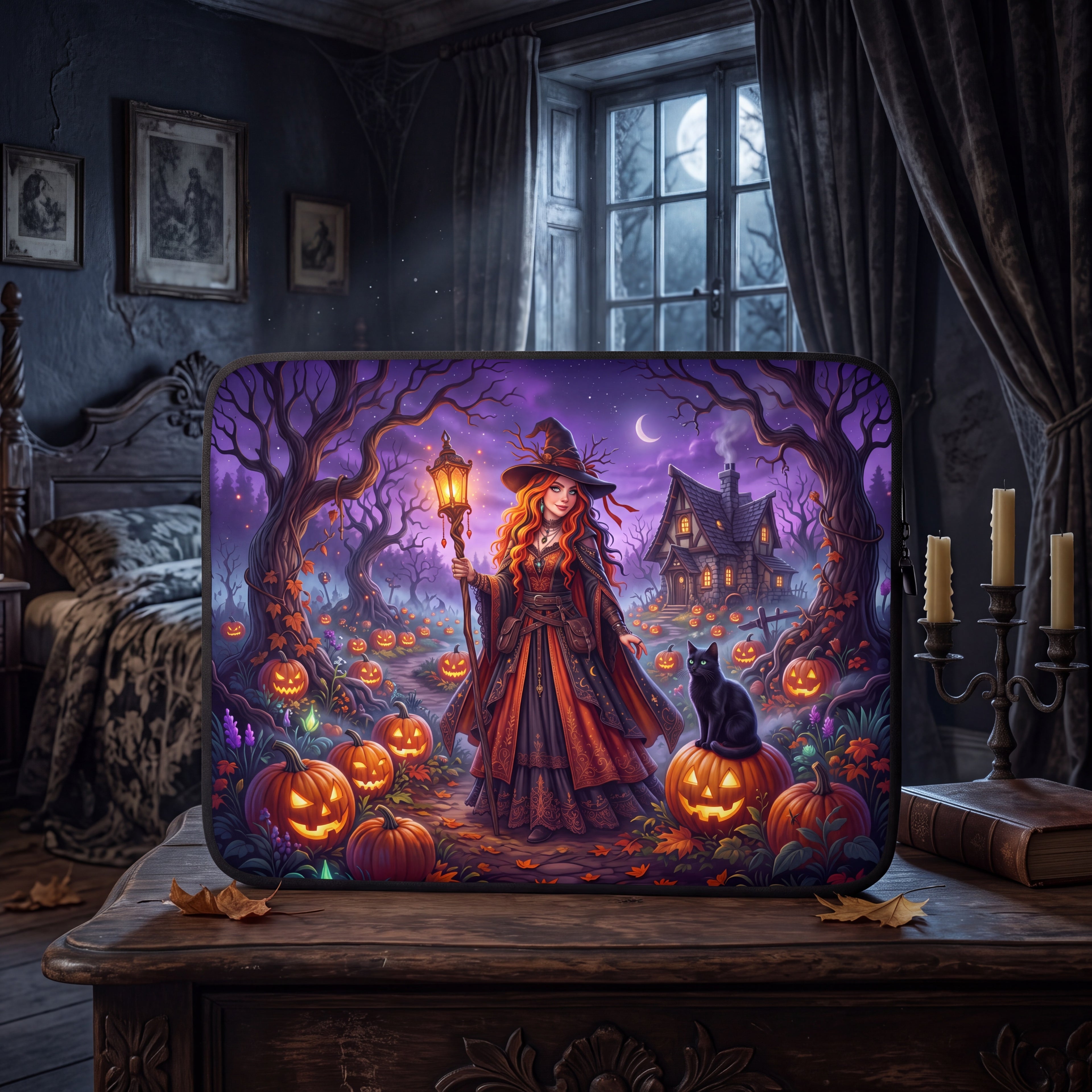 Halloween Witch Laptop Sleeve – Pumpkin Forest & Black Cat | Neoprene Case