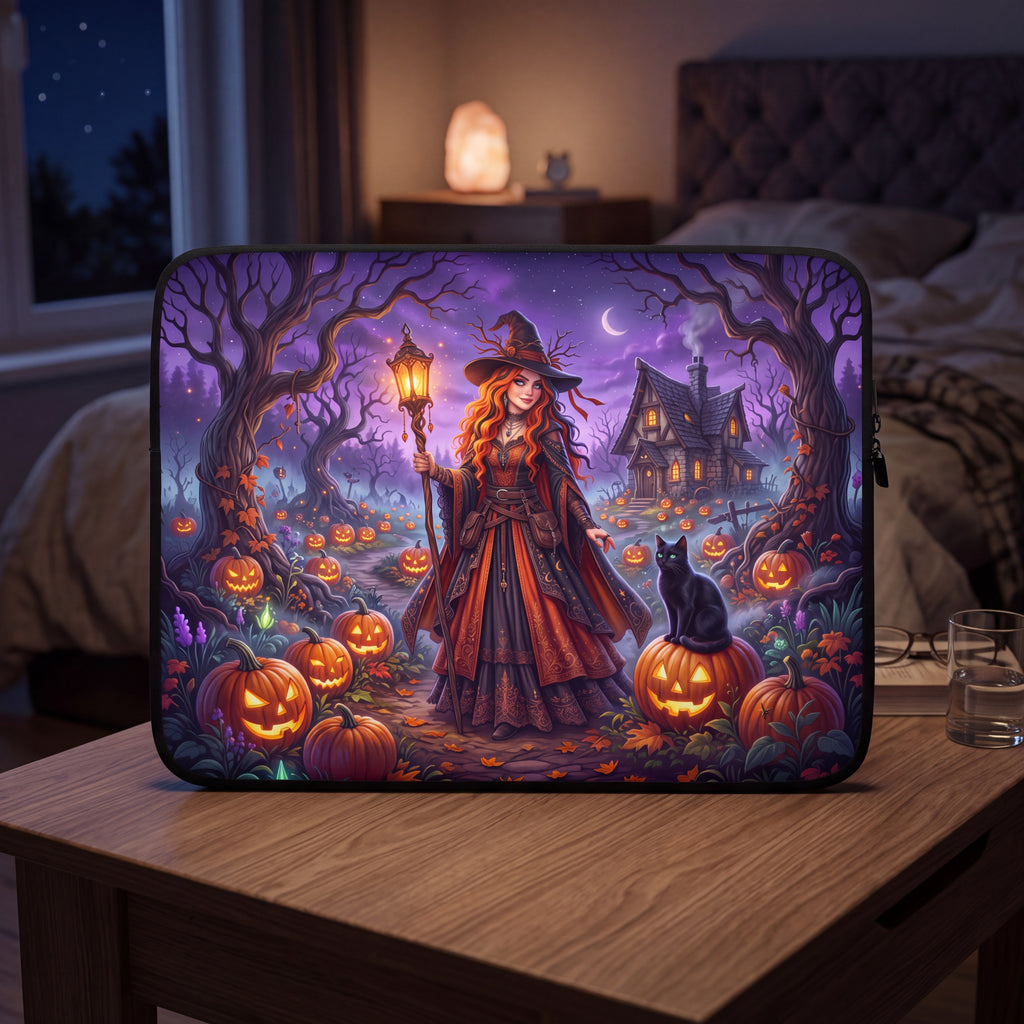 Halloween Witch Laptop Sleeve – Pumpkin Forest & Black Cat | Neoprene Case