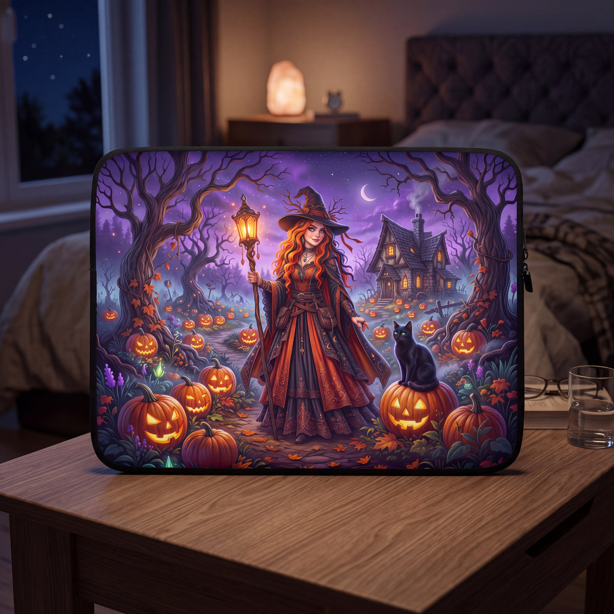 Halloween Witch Laptop Sleeve – Pumpkin Forest & Black Cat | Neoprene Case