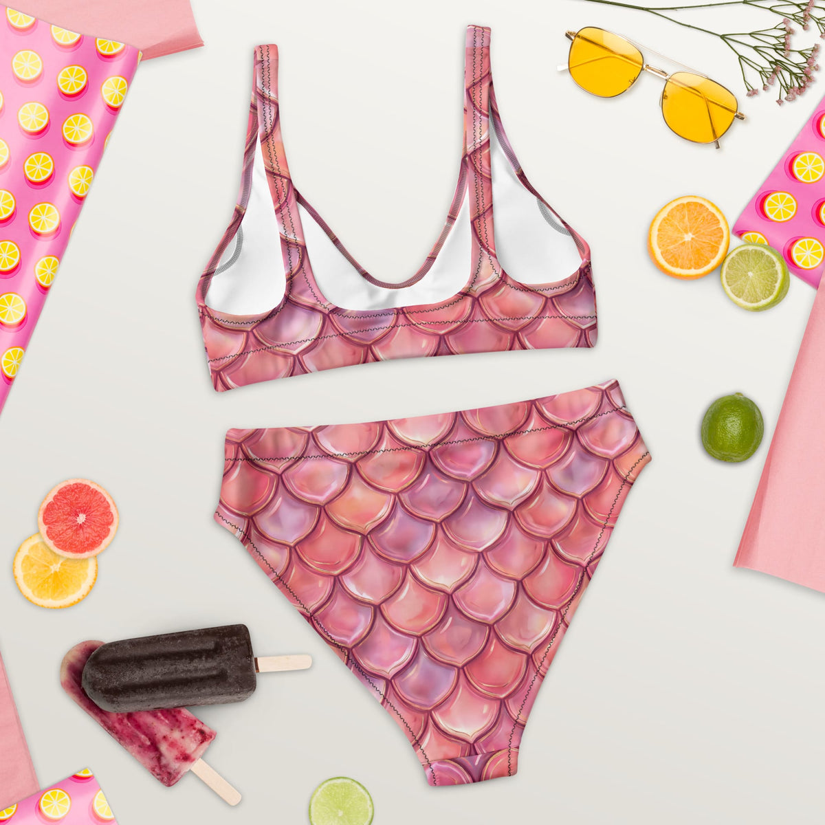 CUT-SEW Pink Mermaid Bikini – High-Waisted Fish Scale Swimsuit | Fantasy Mermaidcore Two-Piece Swimwear